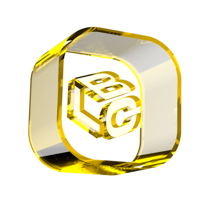 Logo em 3D de cubo com letras B, L, C em dourado translúcido