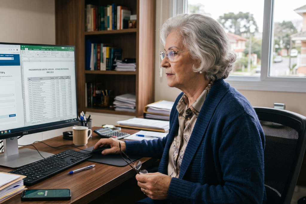 Senhora idosa com óculos trabalhando em um computador com planilha Excel.